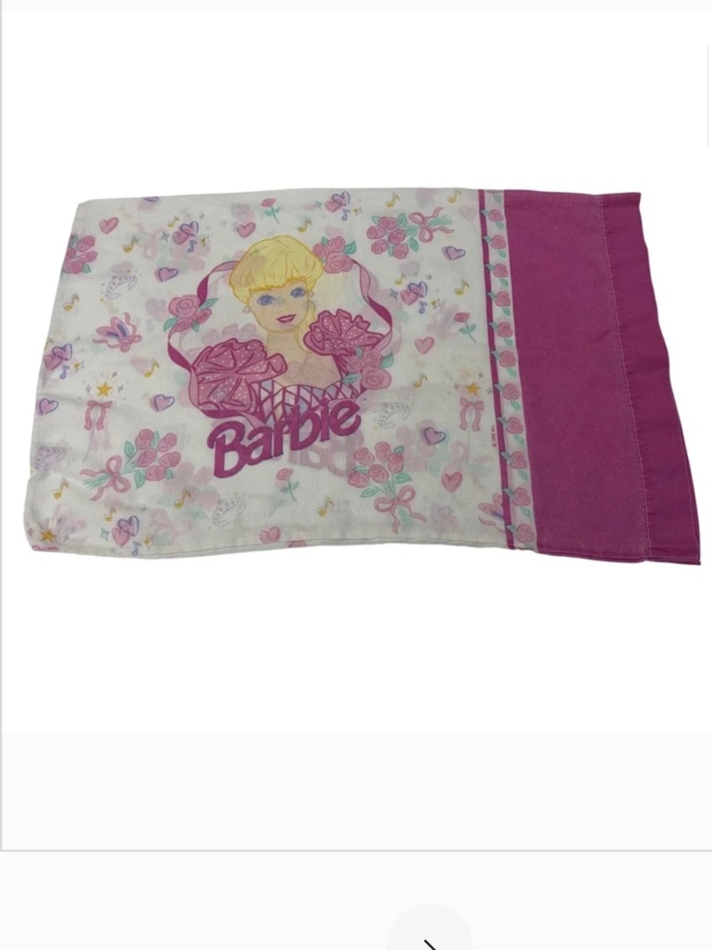 VTG Barbie Pillowcase Pink Floral Princess Hearts 1995 Mattel Bedding Standard